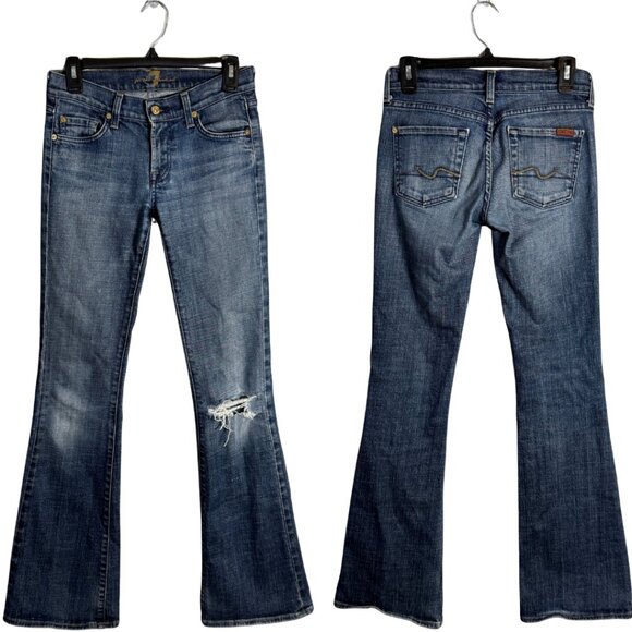 7 For All Mankind Low Rise Flare Denim Jeans Womens 26 Blue Distressed Retro Y2K - Picture 1 of 13